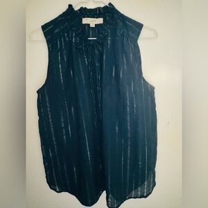 LOFT Blue Teal Sleeveless Tie Front Blouse Light Cotton Gold thread fabric Sz S